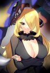  1girl absurdres black_dress black_eyes blonde_hair breasts cleavage closed_mouth commentary_request crossed_arms cynthia_(pokemon) dress fur-trimmed_collar garchomp hair_ornament hair_over_one_eye highres large_breasts long_hair long_sleeves looking_at_viewer negresco pokemon pokemon_(creature) smile 