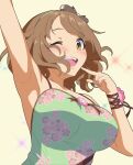  1girl arm_up armpits bare_shoulders breasts brown_eyes brown_hair collarbone dot_nose dress finger_to_cheek floral_print flower_ornament green_dress green_hairband hair_ribbon hairband hand_up idolmaster idolmaster_cinderella_girls idolmaster_cinderella_girls_starlight_stage large_breasts looking_at_viewer one_eye_closed open_mouth print_dress ribbon short_hair smile solo sparkle teeth tongue tsukimiya_miyabi upper_body upper_teeth_only wavy_hair white_ribbon wrist_ribbon yama_tatsuo yellow_background 