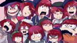  1girl angry arima_kana blee-bleep blue_headwear blue_jacket bob_cut crying happy hat hat_ribbon highres inverted_bob jacket open_mouth oshi_no_ko pink_background red_eyes red_hair ribbon school_uniform short_hair simple_background smile youtou_high_school_uniform 