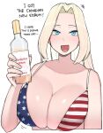  1girl american_flag_bikini bikini blonde_hair blue_eyes blush bottle breasts cleavage collarbone flag_print holding holding_bottle large_breasts long_hair looking_at_viewer ohasi open_mouth original parted_bangs simple_background smile solo swimsuit syrup upper_body white_background 