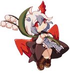  1girl black_dress blue_hair boots brown_footwear dress flower full_body head_wings holding holding_flower horns lily_of_the_valley long_sleeves multicolored_hair red_eyes short_hair single_head_wing solo tokiko_(touhou) touhou two-tone_hair white_flower white_hair wings zuomerika 