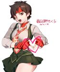  1girl breasts brown_hair fangs fingerless_gloves gloves headband heart heart_hands highres kasugano_sakura medium_breasts morikiri necktie one_eye_closed pleated_skirt short_hair skirt solo street_fighter street_fighter_v vest 