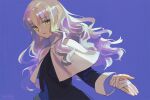  1girl bandaged_arm bandages blue_background caren_hortensia fate/hollow_ataraxia fate/stay_night fate_(series) layered_sleeves long_hair long_sleeves looking_at_viewer robe signature smile solo taa_(acid) wavy_hair white_hair yellow_eyes 