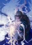  2boys aleph_(megami_tensei) angel_wings black_footwear black_hair carrying carrying_person closed_eyes feathers fingerless_gloves gloves green_eyes hand_on_another&#039;s_chest helel_(megami_tensei) highres holster horns kneeling long_hair looking_at_another lucifer_(shin_megami_tensei) lying male_focus mullet multiple_boys o_c_x pants parted_lips ribbon shin_megami_tensei shin_megami_tensei_ii shoulder_pads white_hair white_ribbon wings yellow_pants 
