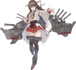  1girl bare_shoulders black_hair breasts brown_eyes brown_hair dazzle_paint detached_sleeves hair_ornament hairband hairclip haruna_(kancolle) headgear highres japanese_clothes kantai_collection konishi_(koconatu) large_breasts long_hair looking_at_viewer nontraditional_miko official_art open_mouth ribbon-trimmed_sleeves ribbon_trim skirt smile solo thighhighs 