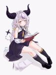  1girl ahoge aosachi black_footwear black_horns book braid braided_bangs detached_sleeves grey_hair highres holding holding_book hololive horns la+_darknesss la+_darknesss_(1st_costume) looking_at_viewer mismatched_socks multicolored_hair pointy_ears purple_hair sidelocks sitting solo streaked_hair striped_horns virtual_youtuber wariza yellow_eyes 