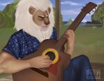  anthro bottomwear clay_calloway_(sing) clothing detailed_background eyes_closed felid guitar illumination_entertainment lion male mammal musical_instrument pantherine pants plaid plucked_string_instrument sing_(movie) solo string_instrument watermark xstarshellx 