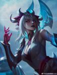  1girl artist_name black_lips blue_eyes breasts cleavage cleavage_cutout clothing_cutout hair_between_eyes hair_ornament heterochromia highres large_breasts league_of_legends lipstick looking_at_another makeup moon morgana_(league_of_legends) outdoors red_eyes sidelocks smile snow_moon_morgana solo upper_body white_hair wings zheng_feng 
