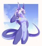  anthro aurelia_(vanguard) big_breasts blue_body blue_skin breasts countershading dragon featureless_breasts featureless_crotch female gold_markings hair hi_res long_ears looking_at_viewer markings nude pose simple_background sinnple smile solo tail thick_tail thick_thighs white_hair yellow_eyes 