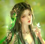  1girl artist_request baiguio_(zhu_xian) blurry blurry_background blush braid brown_hair bug butterfly closed_mouth earrings facial_mark forehead_mark glowing hair_ornament hair_ribbon head_tilt highres jewelry long_hair looking_at_viewer necklace ribbon second-party_source solo upper_body zhu_xian 