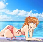  1girl ass bare_arms bare_shoulders bikini blue_eyes blue_sky breasts closed_mouth cloud day hair_between_eyes hand_on_own_face hand_up highres long_hair medium_breasts mizumori_keiichi neon_genesis_evangelion ocean orange_hair outdoors red_bikini sky smile solo souryuu_asuka_langley split_mouth swimsuit water 