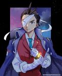  1boy absurdres ace_attorney airagency1005 antenna_hair apollo_justice bandaged_arm bandaged_fingers bandaged_hand bandaged_head bandages black_border blue_jacket border bracelet breast_pocket brown_eyes brown_hair buttons closed_mouth collared_jacket collared_shirt english_text expressionless glowing hand_on_own_wrist highres jacket jacket_on_shoulders jewelry lapel_pin lapels male_focus mixed-language_text one_eye_covered outside_border pocket red_vest shirt sky sleeves_rolled_up solo upper_body vest white_shirt 
