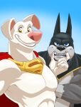  5_fingers abs ace_the_bat-hound angry_eyes anthro black_nose blue_background blue_eyes canid canine canis clothed clothing dc_comics dc_league_of_super-pets domestic_dog duo fingers fur hi_res krypto male mammal mask muscular pink_nose pit_bull simple_background smile smiling_at_viewer superhero superpowers teeth topless topless_male yellow_eyes zurdomon 
