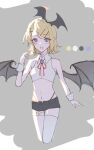  1girl asymmetrical_legwear bat_hair_ornament bat_wings black_bow black_shorts blonde_hair bow brooch collared_shirt crop_top cropped_shirt demon demon_girl fang flat_chest gem grey_background hair_bow hair_ornament hairclip highres jewelry kagamine_rin kyarin_(c_arin1012) medium_hair midriff navel neck_ribbon pointy_ears purple_eyes purple_gemstone red_ribbon reference_sheet ribbon shirt short_shorts shorts single_thighhigh sketch skin_fang skinny sleeveless sleeveless_shirt solo thighhighs vocaloid white_shirt white_thighhighs wing_bow wing_hair_ornament wings wrist_cuffs 