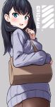  1girl absurdres bag black_hair blue_eyes blush breasts dress grey_background grey_sweater gridman_universe highres holding holding_bag long_hair long_sleeves looking_at_viewer medium_breasts open_mouth pantyhose ribbed_sweater smile solo ssss.gridman sweater sweater_dress takarada_rikka totoki86 turtleneck turtleneck_sweater 
