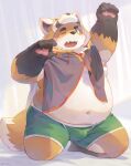  2023 absurd_res anthro belly big_belly bulge canid canine clothing fox hi_res hoodie humanoid_hands iyo_(tamacolle) kemono male mammal navel one_eye_closed overweight overweight_male seamonsterping solo tamacolle topwear underwear 