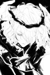  1boy absurdres arknights arms_up chuzenji closed_mouth crown greyscale highres holding holding_crown male_focus monochrome sanguinarch_(arknights) solo 