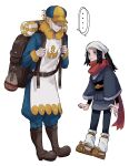  ... 1boy 1girl absurdres akari_(pokemon) backpack bag blonde_hair blue_eyes blue_hair clenched_hand commentary_request full_body hair_over_one_eye hat head_scarf highres long_hair mashiro_ddsk one_eye_covered pokemon pokemon_(game) pokemon_legends:_arceus red_scarf scarf short_hair simple_background spoken_ellipsis volo_(pokemon) white_background 