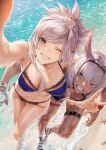  2girls angry animal_ears bare_shoulders beach bikini black_bikini black_hairband blue_bikini blue_eyes blush body_markings breasts caenis_(fate) cleavage clenched_teeth collarbone dark-skinned_female dark_skin fate/grand_order fate_(series) grin hairband highres large_breasts long_hair looking_at_viewer miyamoto_musashi_(fate) mugetsu2501 multiple_girls muscular muscular_female navel one_eye_closed pink_hair ponytail shore smile swept_bangs swimsuit teeth thighs very_long_hair white_hair 