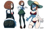  1girl ^_^ absurdres artist_name ass ass_visible_through_thighs bikini black_bodysuit black_pantyhose blush_stickers bodysuit boku_no_hero_academia breasts brown_eyes brown_footwear brown_hair cleavage closed_eyes closed_mouth collared_shirt commentary cropped_legs dated from_behind green_skirt hand_on_own_hip hat highres large_breasts loafers long_sleeves looking_up maydaykiki multiple_views necktie open_mouth pantyhose pleated_skirt red_bikini red_necktie school_uniform shirt shoes short_hair short_ponytail side-tie_bikini_bottom sidelocks simple_background skin_tight skirt smile standing straw_hat swimsuit teeth thigh_strap triangle_mouth turning_head u.a._school_uniform upper_teeth_only uraraka_ochako v white_background white_shirt wide_hips 