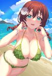  1girl armpits beach bikini blue_eyes blue_sky body_freckles breasts brown_hair cleavage cloud cloudy_sky collarbone commentary cowboy_shot day drill_hair emma_verde flower flower_bracelet freckles frilled_bikini frills green_bikini hair_between_eyes hair_flower hair_ornament jewelry large_breasts looking_at_viewer love_live! love_live!_nijigasaki_high_school_idol_club medium_hair navel necklace ocean open_mouth outdoors sky smile solo standing swimsuit symbol-only_commentary twin_drills waste-man 