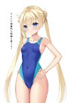  1girl absurdres blonde_hair blue_eyes breasts commentary_request competition_swimsuit covered_navel cowboy_shot double_bun hair_bun hands_on_own_hips highleg highleg_swimsuit highres long_hair looking_at_viewer ncontrail_(mgax7527) one-piece_swimsuit shirayuki_noa small_breasts solo swimsuit tenshi_souzou translation_request twintails two-tone_swimsuit 