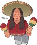  1girl blush brown_hair facial_hair hat instrument maracas mexico mustache ohasi original pants shirt simple_background solo sombrero spanish_text white_background 