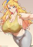  1g_no_izumi armpits asymmetrical_hair batako_(batakoart) blonde_hair blue_eyes blue_scrunchie breasts cleavage curvy earrings from_above galko grey_pants gyaru hair_bun hair_ornament hair_scrunchie highres huge_breasts jewelry kogal midriff navel one_side_up oshiete!_galko-chan pants scrunchie single_side_bun solo sports_bra yellow_sports_bra yoga_pants 