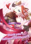  1girl animal_hands animal_nose artist_name bare_shoulders blue_eyes blurry blurry_foreground body_fur boots breasts cat_o&#039;_nine_tails claws collar commentary_request dated ear_ornament english_text engrish_text fang furry furry_female gradient_hair hair_ornament hair_stick hakumen_(housamo) half-closed_eye hand_to_own_mouth hand_up happy highres holding holding_whip huge_breasts japanese_clothes kimono long_sleeves looking_at_viewer milestone_celebration multicolored_hair off_shoulder one_eye_closed open_mouth pink_background pink_kimono ranguage red_footwear red_hair sabita_kan short_hair signature smile snout solo striped striped_background thigh_boots tokyo_afterschool_summoners tongue two-tone_hair whip white_fur white_hair yagasuri 