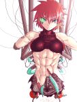  1girl abs android barcode barcode_tattoo bare_shoulders blue_eyes breasts cyborg damaged earrings green_eyes highres jewelry looking_at_viewer machine mechanical_parts medium_breasts muscular muscular_female original red_hair scouter signature simple_background sleeveless solo tattoo turtleneck zippedsquire 