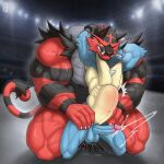  abdominal_bulge absurd_res anthro balls big_dom_small_sub big_muscles big_pecs blue_body blue_fur bodily_fluids chest_spike claws cum cum_while_penetrated cumshot dominant dripping duo ejaculation exhibitionism fangs fighting_ring fur generation_4_pokemon generation_7_pokemon genital_fluids genitals hi_res huge_muscles humanoid_genitalia humanoid_penis incineroar kneeling lucario male male/male muscular muscular_anthro muscular_male nintendo nipples nude pecs penetration penis pokemon pokemon_(species) public public_sex red_body red_fur sex size_difference smaller_penetrated solard0gg0 speech_bubble spikes spikes_(anatomy) teeth television vein veiny_muscles 