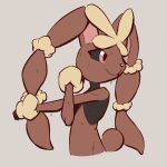  1:1 advos ambiguous_gender anthro biped black_sclera bodily_fluids brown_body grey_background mega_evolution mega_lopunny nintendo pokemon pokemon_(species) red_eyes simple_background smile solo sweat 