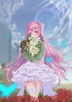  1girl 403_oekaki_suke blood blush braid dorothy_(nikke) dress field flower flower_field frilled_dress frills goddess_of_victory:_nikke hair_bun hair_intakes hair_ribbon holding holding_flower lily_(flower) long_hair outdoors pink_hair purple_eyes purple_ribbon ribbon sky solo spider_lily standing tears thighhighs tombstone white_dress zettai_ryouiki 