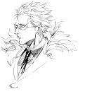  1boy black_necktie blonde_hair closed_mouth collared_shirt donquixote_doflamingo earrings eyelashes eyes_visible_through_eyewear feather_coat jewelry looking_ahead monochrome necktie nisir0 one_piece portrait profile shirt short_hair sketch spiked_hair sunglasses 