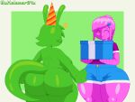  accessory anthro big_breasts big_butt birthday_hat blue_bottomwear blue_clothing blue_cutoffs bottomwear breasts butt clothing cutoffs denim denim_clothing digital_media_(artwork) duo eyes_closed female gift goo_creature green_background green_body green_ears hair_accessory hairpin hat headgear headwear hi_res holding_object humanoid hybrid lagomorph leporid lizard_tail long_ears mammal melomor melomor_(melomor) miino_(slime_amiibo) nude party_hat pink_body pixel_(artwork) purple_clothing purple_shirt purple_t-shirt purple_topwear rabbit shirt shorts simple_background smile t-shirt thick_thighs topwear white_background 