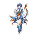 1girl absurdres arrow_(projectile) bare_shoulders blue_eyes blue_hair blush bow bow_(weapon) bowtie catria_(fire_emblem) catria_(winds_offered)_(fire_emblem) chachie circle closed_mouth commentary_request detached_sleeves fire_emblem fire_emblem:_mystery_of_the_emblem fire_emblem_heroes full_body hair_ornament head_tilt highres holding holding_weapon japanese_clothes looking_at_viewer obi official_art sandals sash short_hair simple_background sleeves_past_wrists smile solo standing toeless_footwear toeless_legwear toes weapon white_background wide_sleeves 