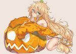  1girl bare_shoulders blonde_hair blush commentary_request dress eip_(pepai) full_body girls&#039;_frontline green_eyes hair_between_eyes hair_ornament hair_scrunchie hairclip jack-o&#039;-lantern long_hair looking_at_viewer messy_hair off_shoulder official_alternate_costume orange_sailor_collar orange_sweater s.a.t.8_(girls&#039;_frontline) s.a.t.8_(pumpkin_skewers)_(girls&#039;_frontline) sailor_collar scrunchie simple_background sitting sleeveless sleeveless_dress sleeves_past_wrists solo sweater very_long_hair white_dress 