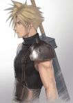  1boy @acchom_zatta absurdres armor blonde_hair blue_eyes blue_sweater buster_sword closed_mouth cloud_strife commentary_request earrings final_fantasy final_fantasy_vii final_fantasy_vii_remake from_side gradient_background highres huge_weapon jewelry male_focus profile ribbed_sweater short_hair shoulder_armor single_bare_shoulder sleeveless sleeveless_turtleneck solo spiked_hair stud_earrings suspenders sweater sword sword_on_back turtleneck turtleneck_sweater upper_body weapon weapon_on_back 