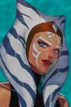  1girl ahsoka_tano alien aqua_background artist_name black_shirt blue_eyes bright_pupils colored_skin covered_collarbone highres looking_to_the_side okada_(hoooojicha) orange_skin parted_lips portrait red_lips shirt solo star_wars the_mandalorian togruta white_pupils 