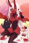  1girl absurdres akumi_(yoclesh) animal bare_shoulders bed black_thighhighs breasts cake candy chocolate colored_skin demon_girl dog fingernails food fruit hair_between_eyes heart heart-shaped_chocolate highres horns indie_virtual_youtuber large_breasts long_hair looking_at_viewer macaron oni oni_horns plate playboy_bunny pointy_ears red_oni red_skin scar scar_across_eye scar_on_face sitting solo strawberry thighhighs valentine virtual_youtuber white_hair yellow_eyes yoclesh 