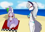  anthro beach bikini blue_bikini blue_clothing blue_swimwear canid canid_demon canine canis clothing demon female female/female five_nights_at_freddy&#039;s five_nights_at_freddy&#039;s:_security_breach hellhound helluva_boss holding_object holding_phone loona_(helluva_boss) mammal phone red_bikini red_clothing red_swimwear roxanne_wolf_(fnaf) samuel-neocros scottgames seaside steel_wool_studios swimwear wolf 