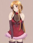  1girl arm_at_side arm_behind_back asuna_(sao) bare_shoulders black_ribbon blush braid breasts brown_eyes brown_hair choker cleavage collarbone dress elbow_gloves fingerless_gloves flower garter_straps gloves long_hair looking_at_viewer medium_breasts parted_bangs puge red_dress ribbon rose simple_background smile standing sword_art_online thighhighs very_long_hair zettai_ryouiki 