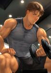  1boy bara black_shorts blue_eyes brown_hair closed_mouth dumbbell exercise grey_tank_top highres jim_(mondi_hl) large_pectorals male_focus mondi_hl muscular muscular_male original pectorals short_hair shorts sitting solo sweat sweatdrop tank_top thighs twitter_username weightlifting 