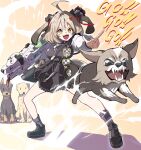  ! 1girl :d ahoge animal animal_ears biscuit_(nikke) black_dress black_footwear black_socks blush_stickers bone_hair_ornament bow bowtie breasts checkered_bow checkered_bowtie checkered_clothes dog dog_ears dog_girl dog_tail dress dress_shirt english_text fangs fighting_stance full_body goddess_of_victory:_nikke hair_bow hair_ornament heart heart_hair_ornament holding holding_weapon jumping legs_apart light_brown_hair loafers looking_at_viewer medium_breasts medium_hair open_mouth pleated_dress pointing pointing_at_viewer puffy_sleeves rocket_launcher shirt shoes smile socks standing syope tail thighs weapon white_shirt yellow_eyes 