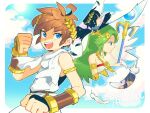  1girl 3boys ahoge angel angel_wings armlet black_hair blue_eyes blue_sky bone_(stare) border brown_hair chain clenched_hands commentary_request dark_pit diadem feathers gold_chain green_hair holding holding_staff kid_icarus kid_icarus_uprising laurel_crown looking_at_viewer magna_(kid_icarus) multiple_boys open_mouth outside_border palutena pit_(kid_icarus) scarf sky smile staff sun vambraces white_border wings 