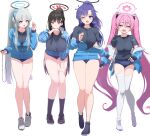  4girls :o absurdres alternate_costume ass_visible_through_thighs bare_legs black_footwear black_hair black_shirt black_socks blue_archive blue_buruma blue_eyes blue_jacket blunt_bangs blunt_ends blush breasts bright_pupils buruma collarbone drooling fingerless_gloves full_body gears gloves gym_uniform hair_between_eyes halo hand_on_own_thigh high_ponytail highres jacket jogging knees_together_feet_apart koyuki_(blue_archive) large_breasts leaning_forward light_green_hair long_bangs long_hair long_sleeves looking_at_viewer medium_breasts multiple_girls noa_(blue_archive) one_eye_closed open_clothes open_jacket open_mouth partially_unzipped pink_eyes pizzasi ponytail purple_eyes purple_hair red_eyes rio_(blue_archive) shirt shoes short_eyebrows short_sleeves sidelocks simple_background smile sneakers socks star-shaped_pupils star_(symbol) stopwatch straight-on striped striped_jacket sweat sweatdrop symbol-shaped_pupils thick_eyebrows thigh_gap thighhighs thighs track_jacket twintails vertical-striped_jacket vertical_stripes very_long_hair white_background yuuka_(blue_archive) yuuka_(gym_uniform)_(blue_archive) zipper_pull_tab 