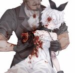  1boy 1girl amputee arm_grab ascot bare_shoulders beard black_bow black_collar black_gloves blood blood_on_clothes blood_on_face bow breasts broken_arm brooch bruise chain chain_leash collar dress expressionless facial_hair formal gloves guro hair_bow highres injury jewelry leash li_xueyao missing_eye muscular muscular_male mustache original short_hair simple_background small_breasts upper_body vest white_background white_dress white_eyes white_hair 