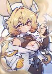  1girl absurdres animal_ears arknights black_ribbon blonde_hair blush breasts brown_eyes cleavage_cutout closed_mouth clothing_cutout dorothy_(arknights) hair_ribbon highres large_breasts long_hair looking_at_viewer low_ponytail ribbon sharktuna smile solo tail 