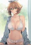  1girl :o bra breasts brown_hair collarbone commentary curtains day floral_print green_eyes hair_ribbon highres indoors kantai_collection kasumi_(skchkko) large_breasts lingerie long_sleeves looking_at_viewer mutsu_(kancolle) navel open_clothes open_shirt panties ribbon shirt short_hair smile solo striped striped_shirt tree underwear white_bra white_panties window 