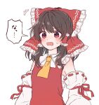  1girl ascot bow brown_hair collared_shirt commentary_request detached_sleeves frilled_bow frilled_hair_tubes frilled_shirt_collar frills hair_bow hair_tubes hakurei_reimu highres long_hair open_mouth red_bow red_eyes red_shirt red_vest reimu_tyuki ribbon-trimmed_sleeves ribbon_trim sarashi shirt sidelocks simple_background sleeveless sleeveless_shirt solo surprised touhou vest white_background white_sleeves wide_sleeves yellow_ascot 